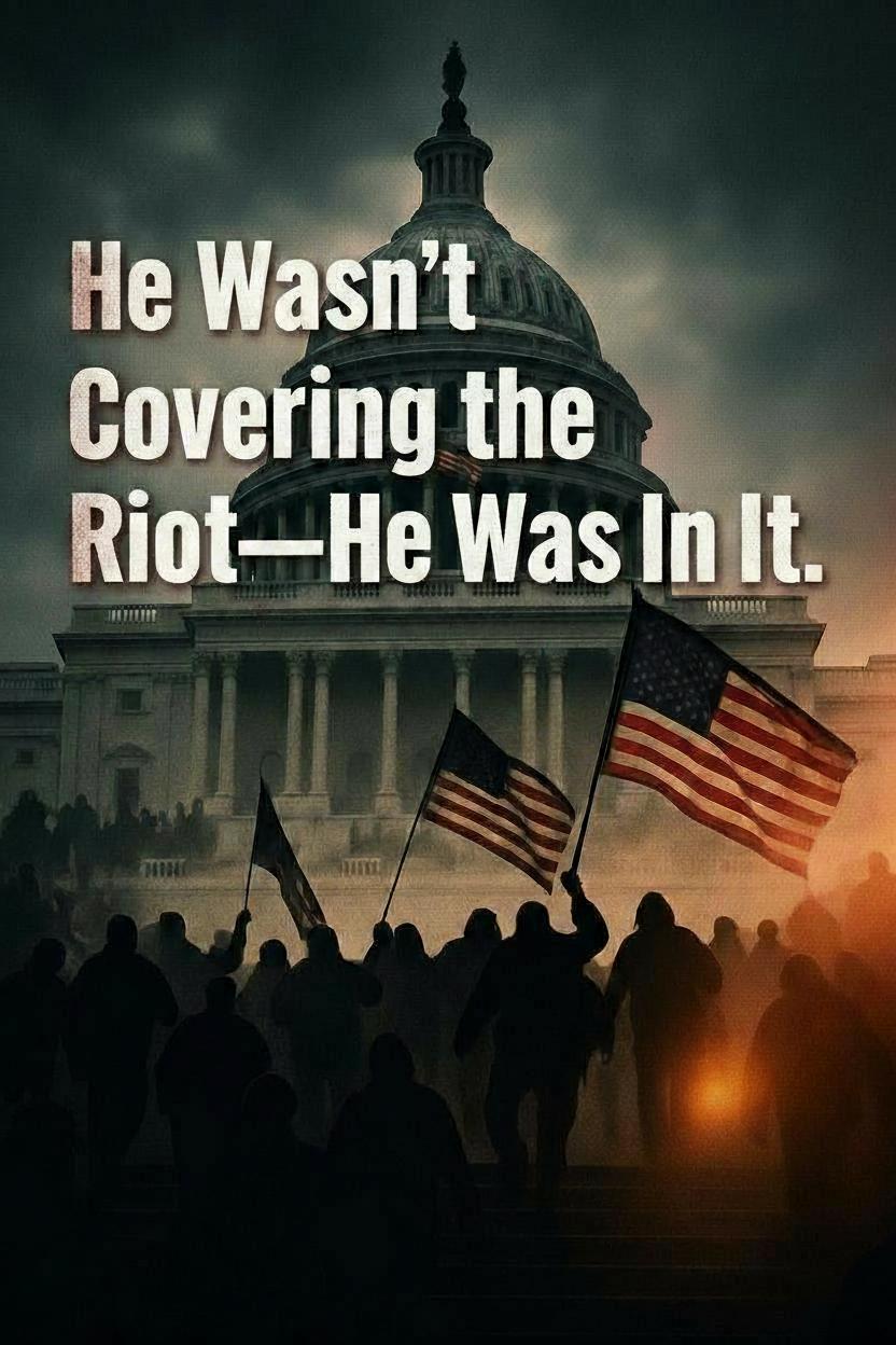 Protesters carrying American flags advance toward the U.S. Capitol under dark stormy skies, with bold text reading “He Wasn’t Covering the Riot—He Was In It.”